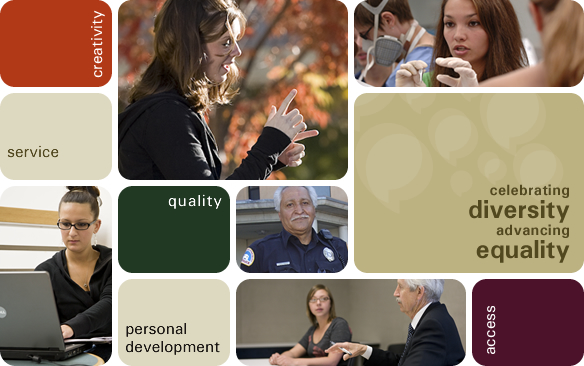 Celebrating diversity, advancing equality. Mosaic of images of people talking in both medical and judiciary environments, a police officer, one girls using sign language and another one studying on her laptop. Key words: creativity, service, personal development and quality.